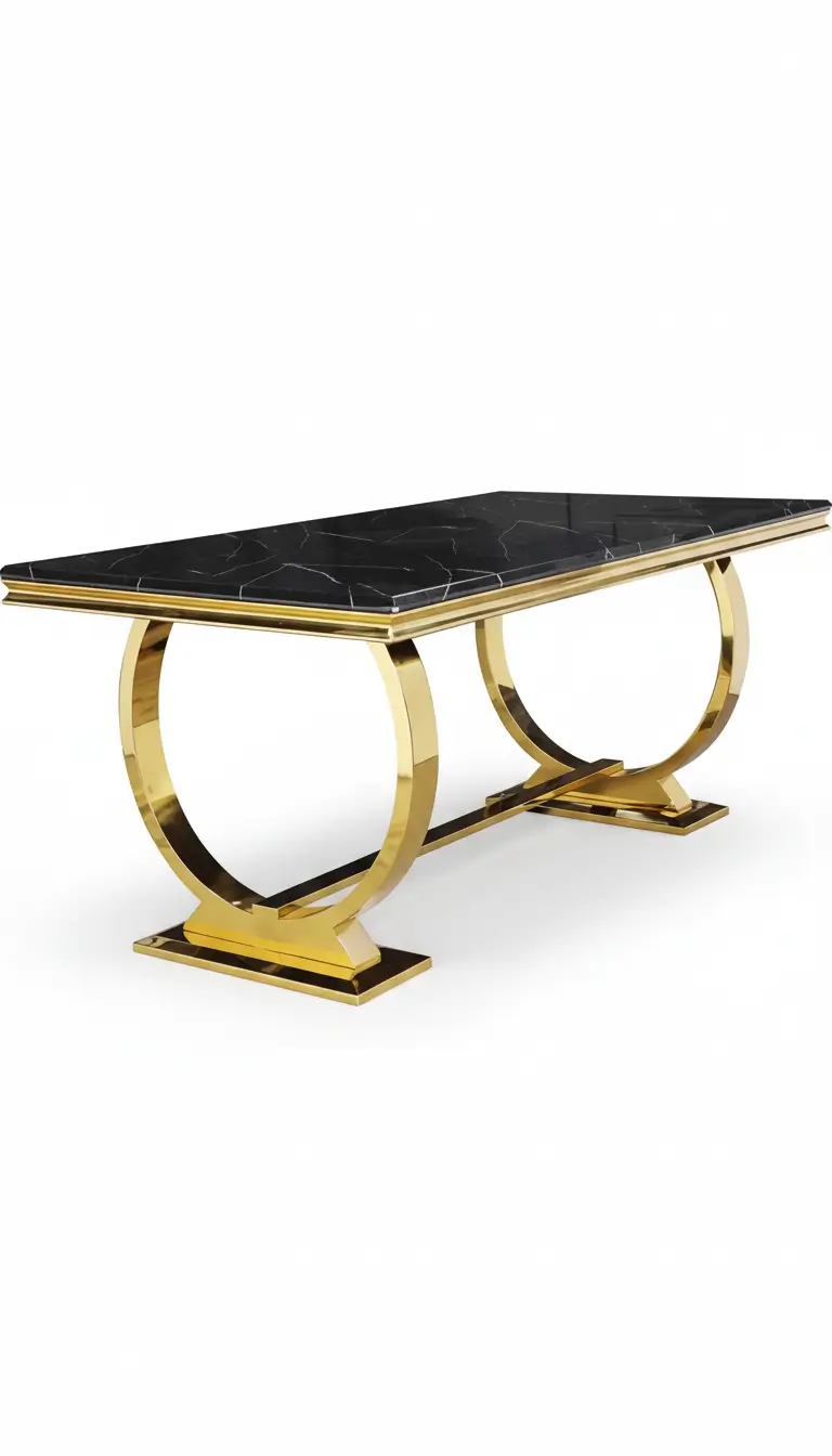 Black marble and gold modern table rental for upscale events in Chicago suburbs