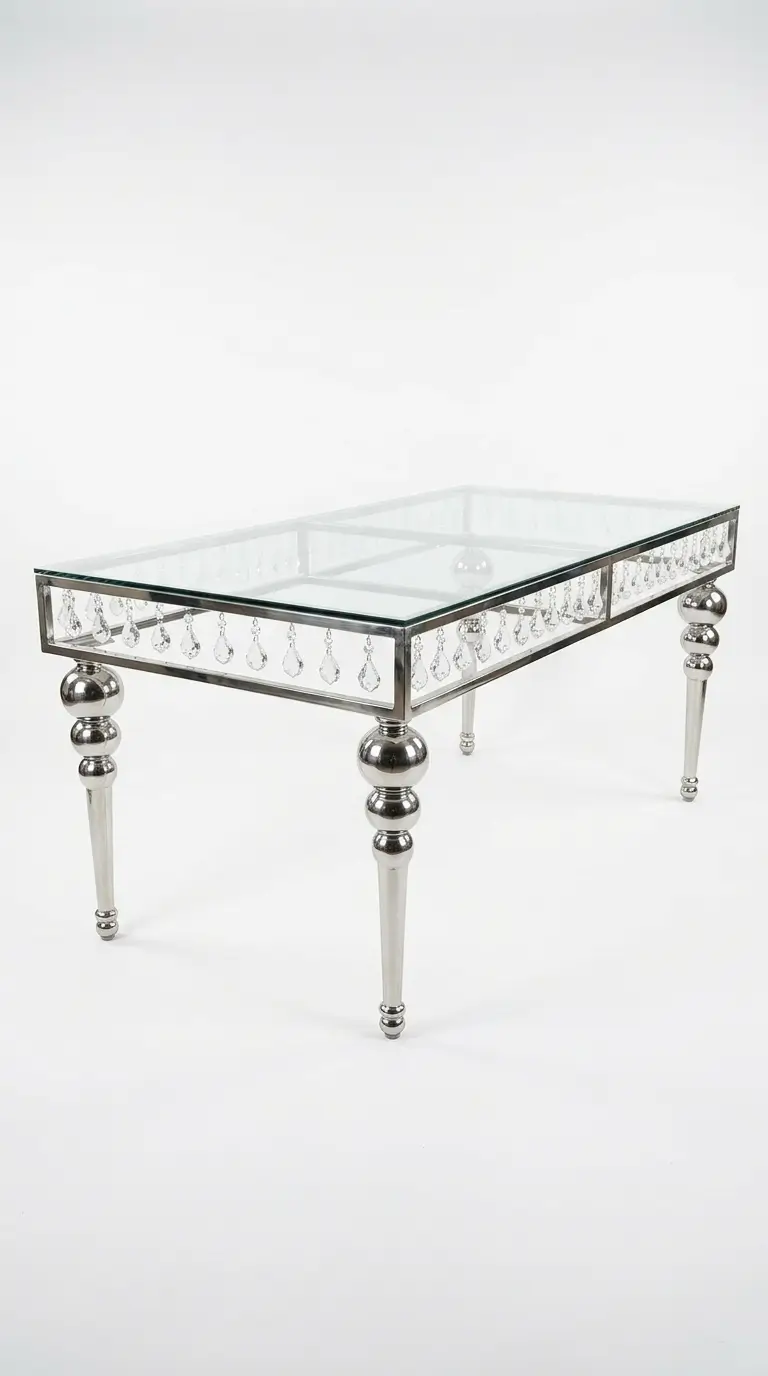 Silver rectangular modern table rental in 6 and 8 foot sizes for galas in Chicagoland