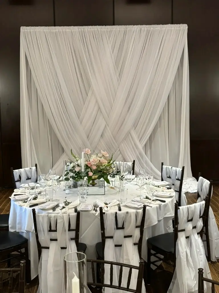 White criss cross fabric draping backdrop rental for events Chicago Chicagoland IL